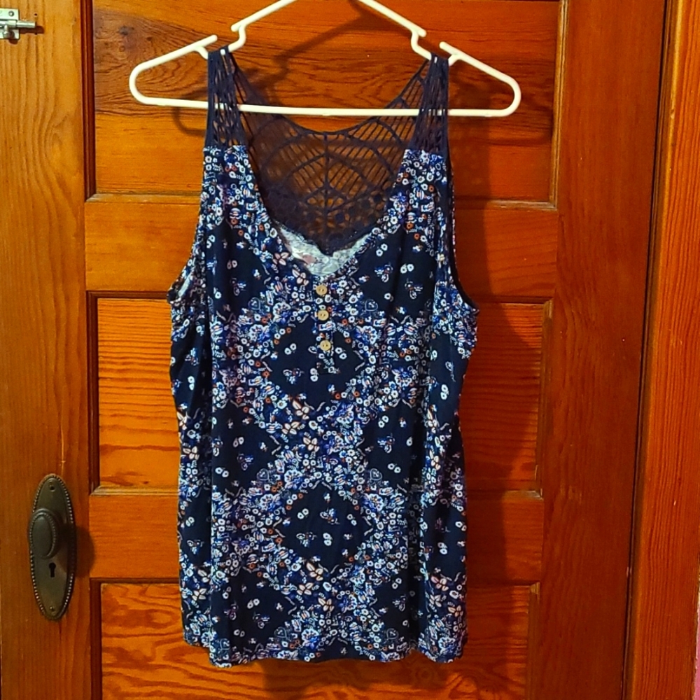 Maurice's Blue Floral Tank with Crochet Detail. Size XL